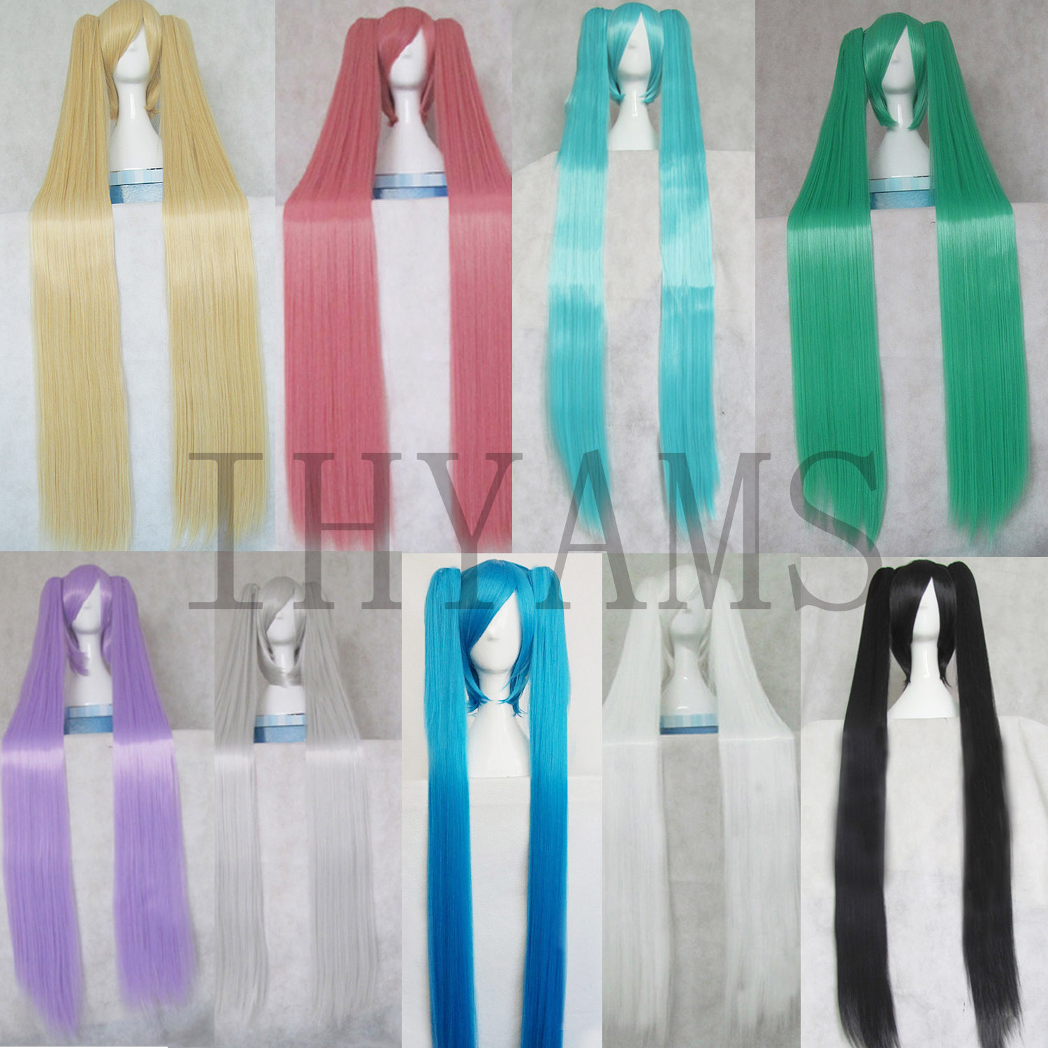 Miku 120cm de largo dorado rosa azul verde púrpura negro blanco pelo sintético liso Cosplay pelucas de disfraz Chip coletas + gorro de peluca