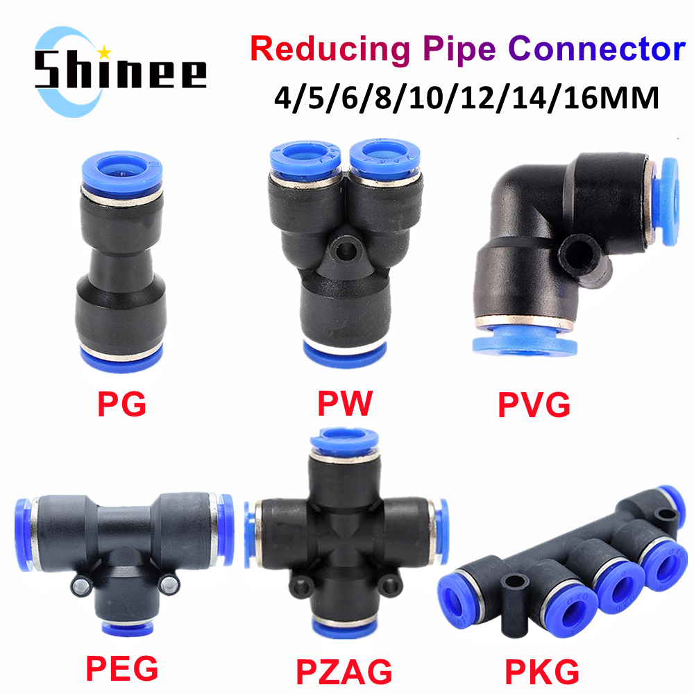 PNEUMATIC อุปกรณ์ท่อเชื่อมต่อท่อ 4 5 14mm OD ท่อลด 8 10 12 มม.PG PVG PEG PW PZAG พลาสติก PUSH In Air Quick FITTING