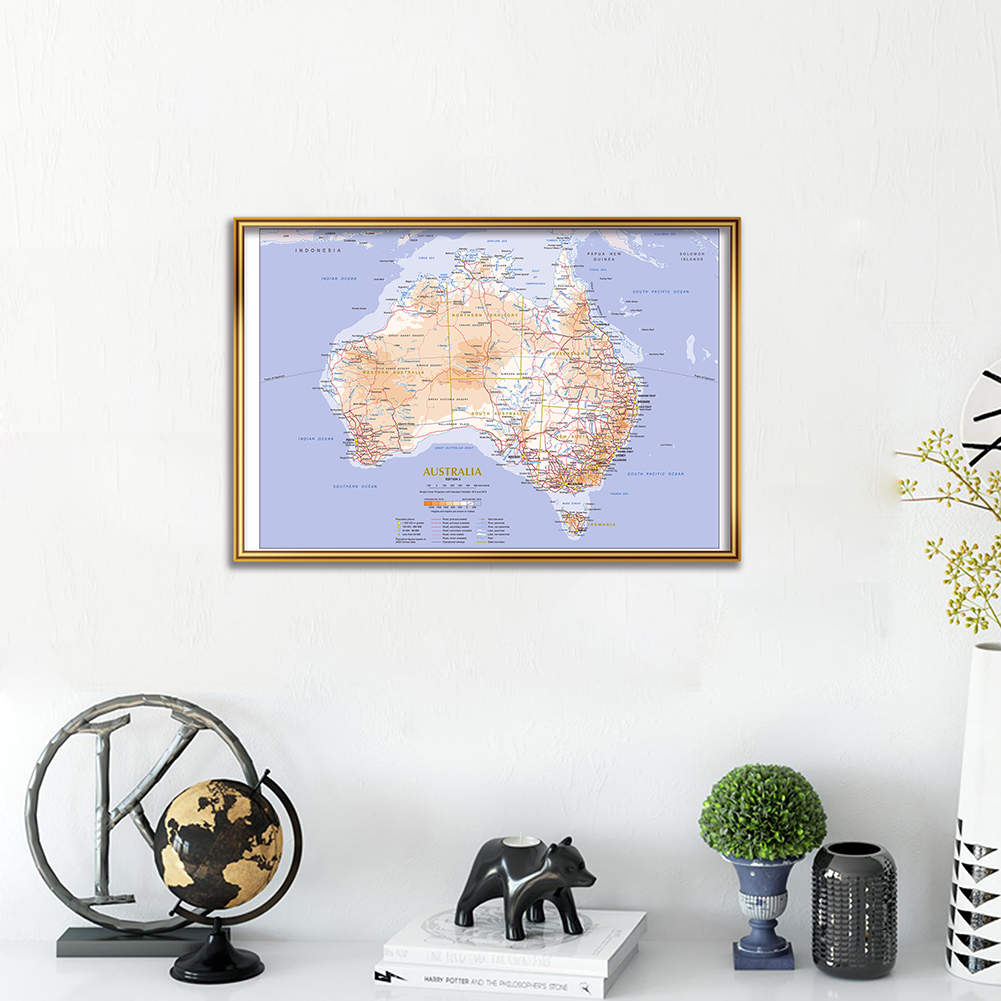 59*42Cm Địa Hình Và Tuyến Giao Thông Bản Đồ Của Úc Tranh Canvas Trang Treo Tường Dùng Học Lớp Học trang Trí Nhà Cửa