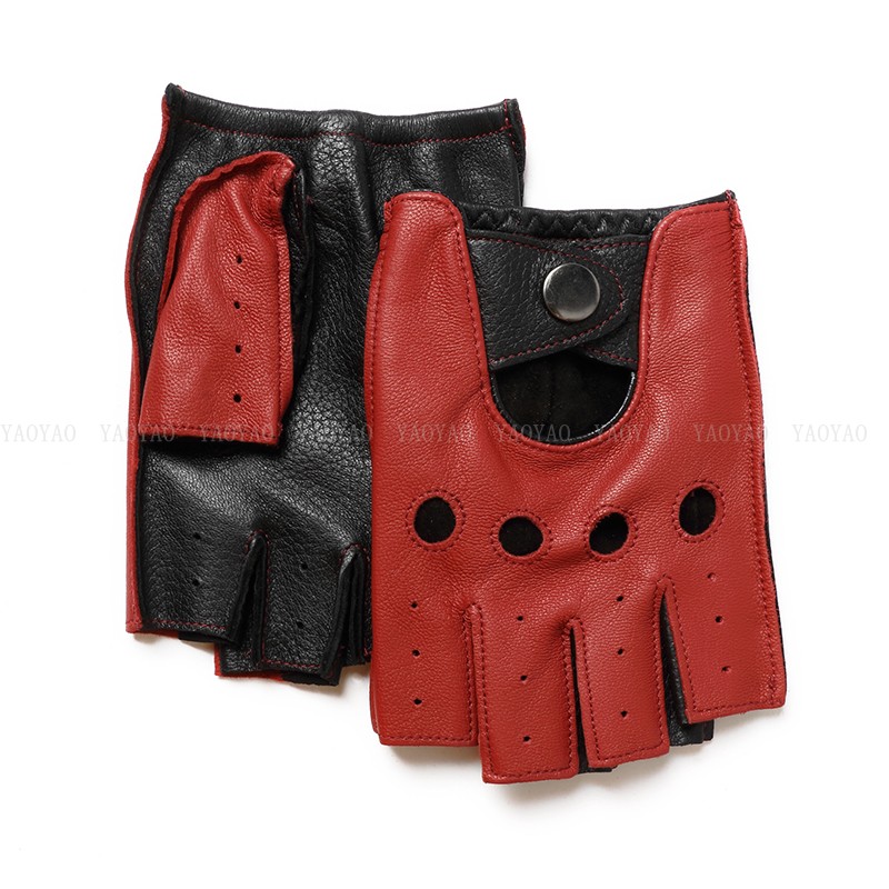 Sarung Tangan Tipis Setengah Jari Kulit Asli 100% Pria Musim Semi Kulit Domba Asli Pria Merah/Coklat/Biru Mengemudi Berkendara Luvas Guantes