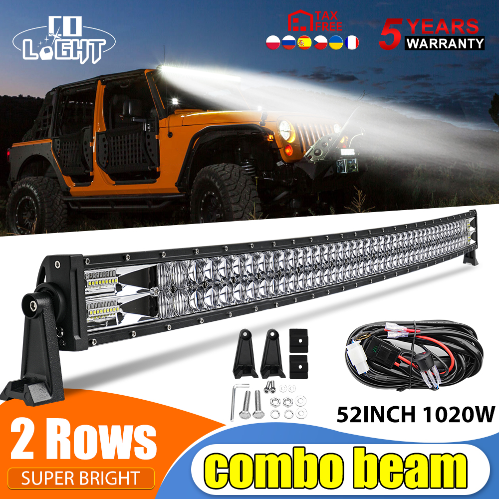 CO LIGHT 22 32 42 52 pulgadas barra de luz Led curvada COMBO 420W 620W 820W 1020W conducción de doble fila todoterreno coche camión 4x4 SUV ATV 12V 24V