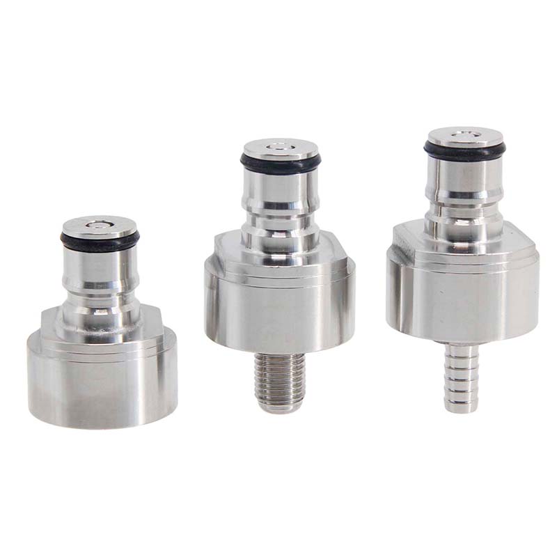 3 diversi tipi di tappi in acciaio inox per carbonatazione, tipo Ball Lock, adatti per bottiglie PET di bibite, parti per imbutitura domestica.