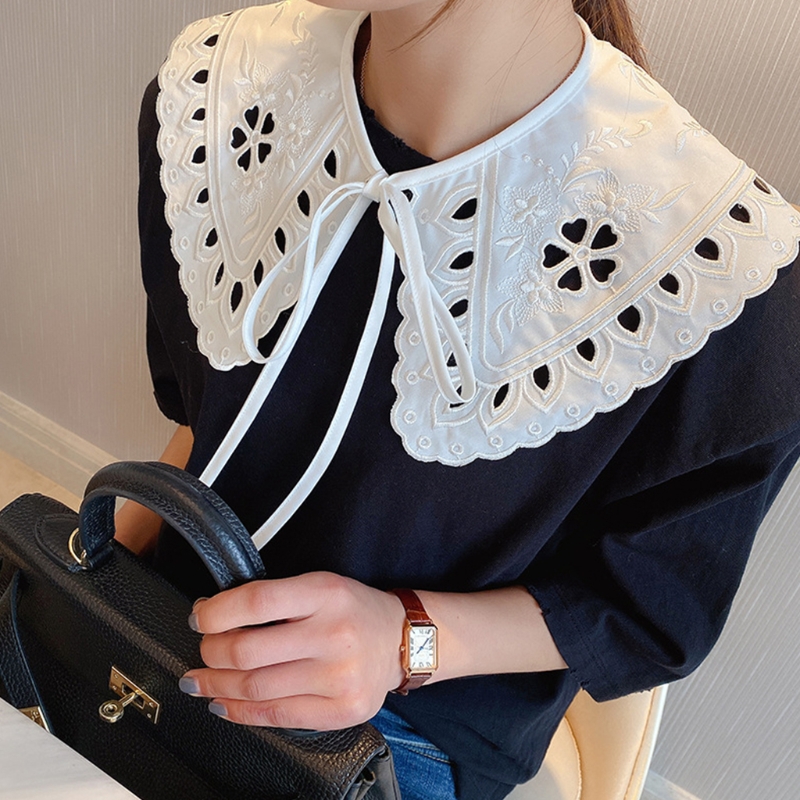 Colar de algodão falso gola coreano, feminino branco, enrolado, buraco, floral, escala de peixe, cachecol, bordado, poncho curto