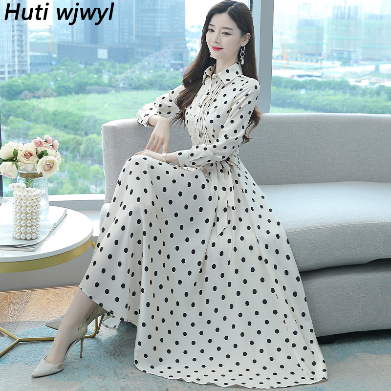 เดรสเสื้อเชิ้ตใส่ทำงานโอเวอร์ไซส์สำหรับผู้หญิงเดรสมิดิผ้าชีฟองลำลองสำหรับปาร์ตี้เข้ารูป2024วินเทจสีขาวลายจุดสำหรับฤดูใบไม้ผลิ-ใบไม้ร่วง