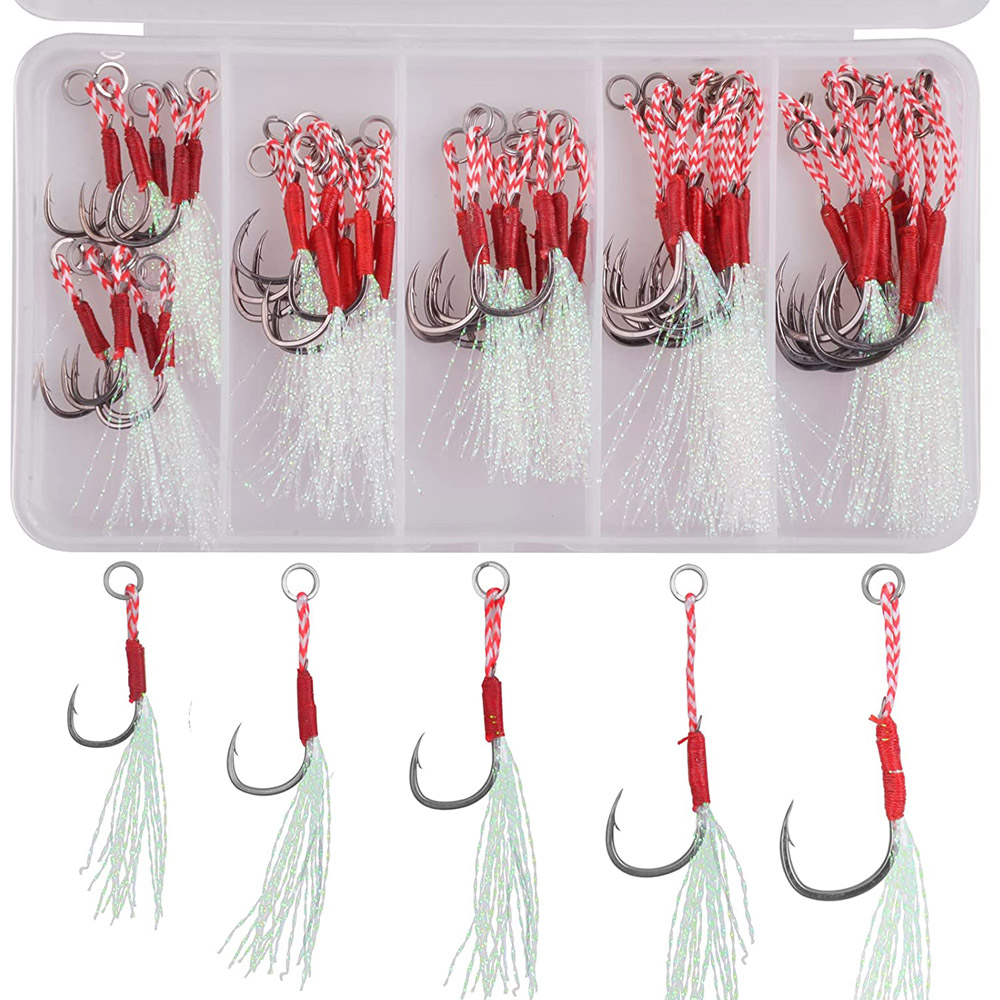 50 Uds. Anzuelos de asistencia para jigging lento, anzuelo de púas de Metal, anzuelo para atar con pluma de Teaser, juego de anzuelos de pesca de agua salada