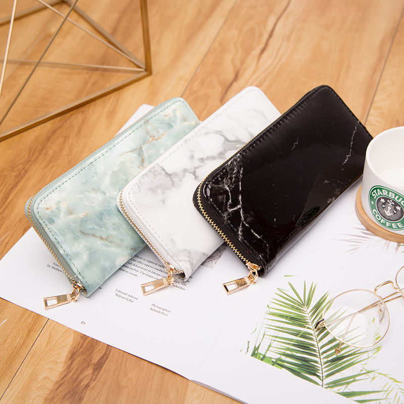 Dompet Wanita Kasual Dompet Tas Tote Kulit Paten Marmer Tas Clutch Anak Perempuan Ritsleting Kartu Koin Uang Tas Kantong