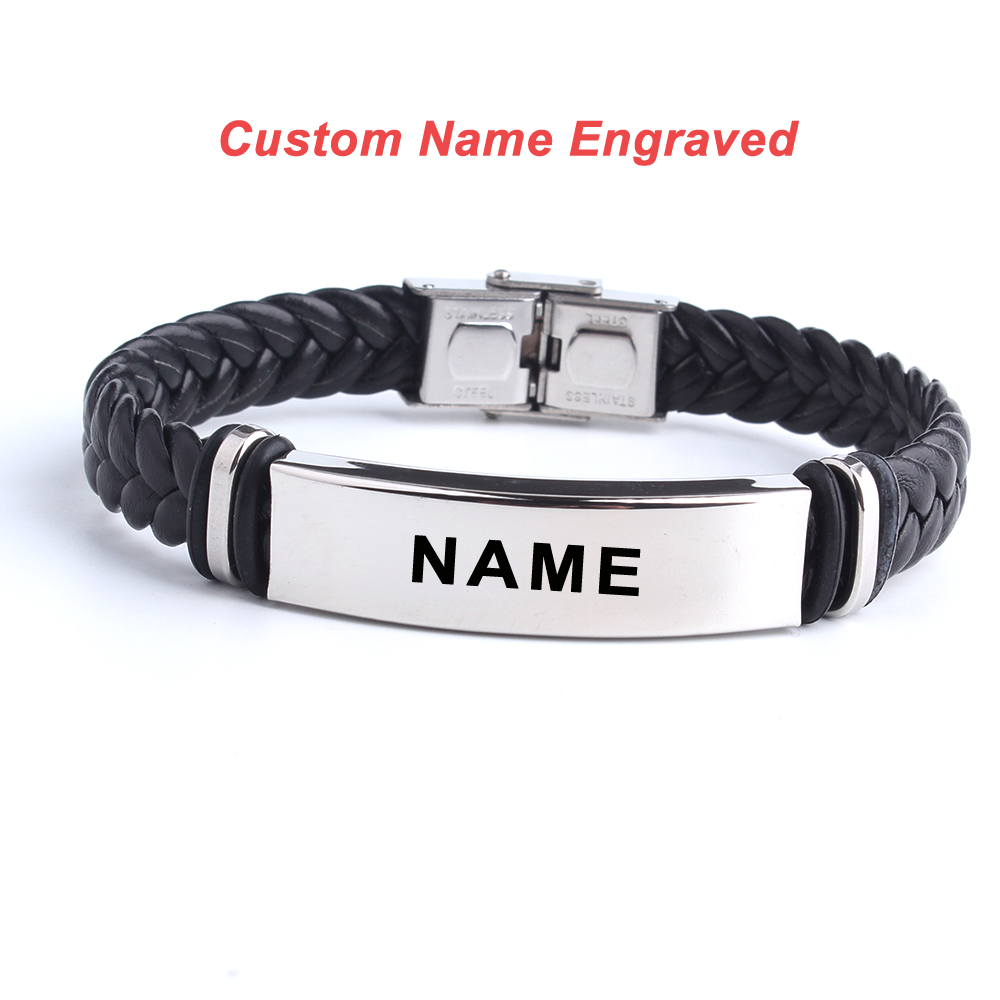 Brazalete y pulsera de cuero con texto grabado de nombre y logotipo personalizado Punk SOS, pulseras de acero inoxidable personalizadas para mujeres y hombres, pulsera de identificación