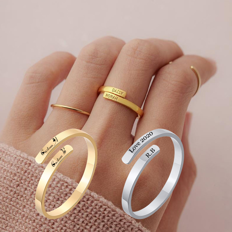 Anel de promessa de gravação personalizado para mulheres, aço inoxidável, pequeno, aberto, dois nomes, inicial, anel personalizado, 2mm, presentes finos