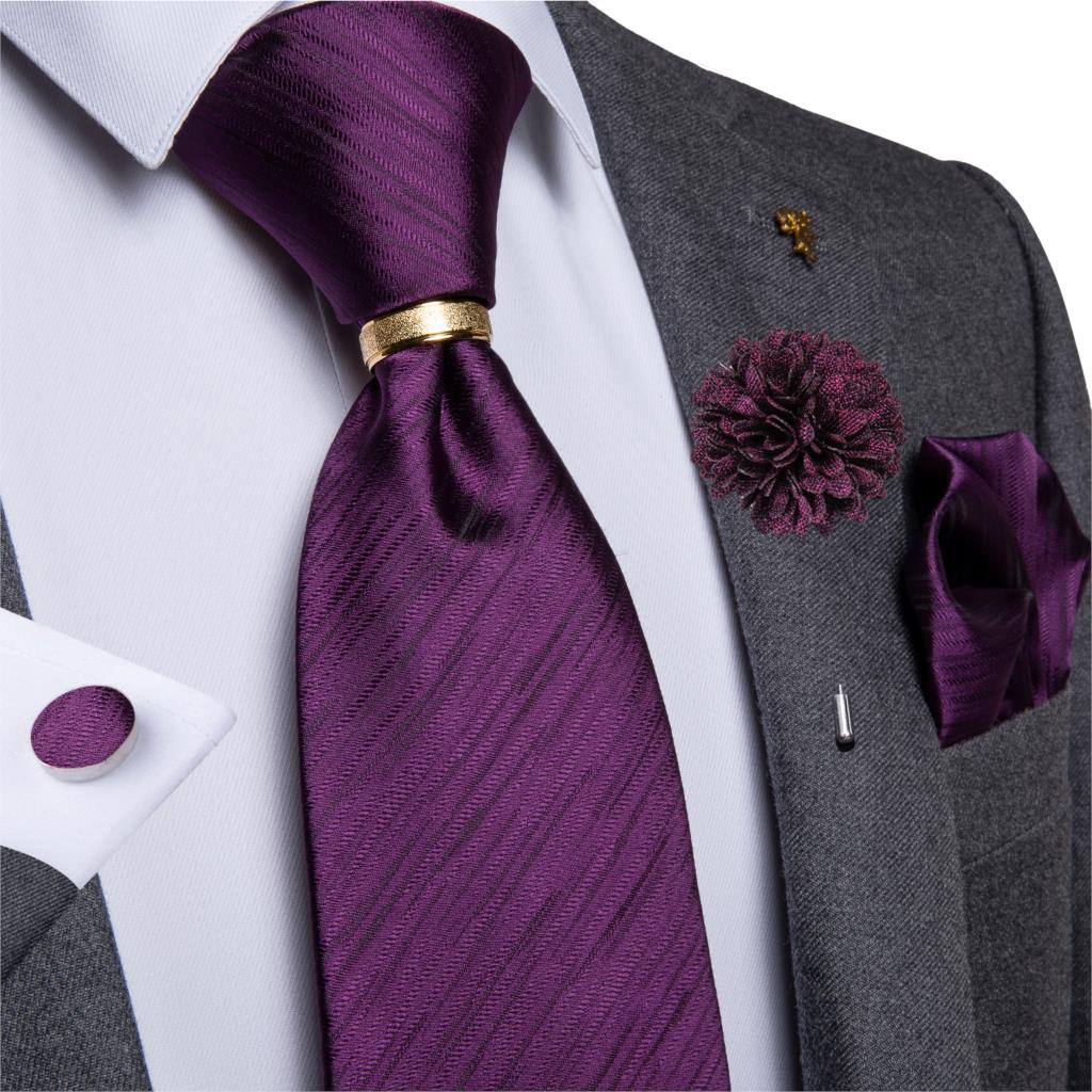 Paars Solid Stropdas 100% Zijden Dassen Voor Mannen Pocket Vierkante Manchetknopen Broche Set Bedrijvengids Wedding Party Das Tie Ring Dibangu