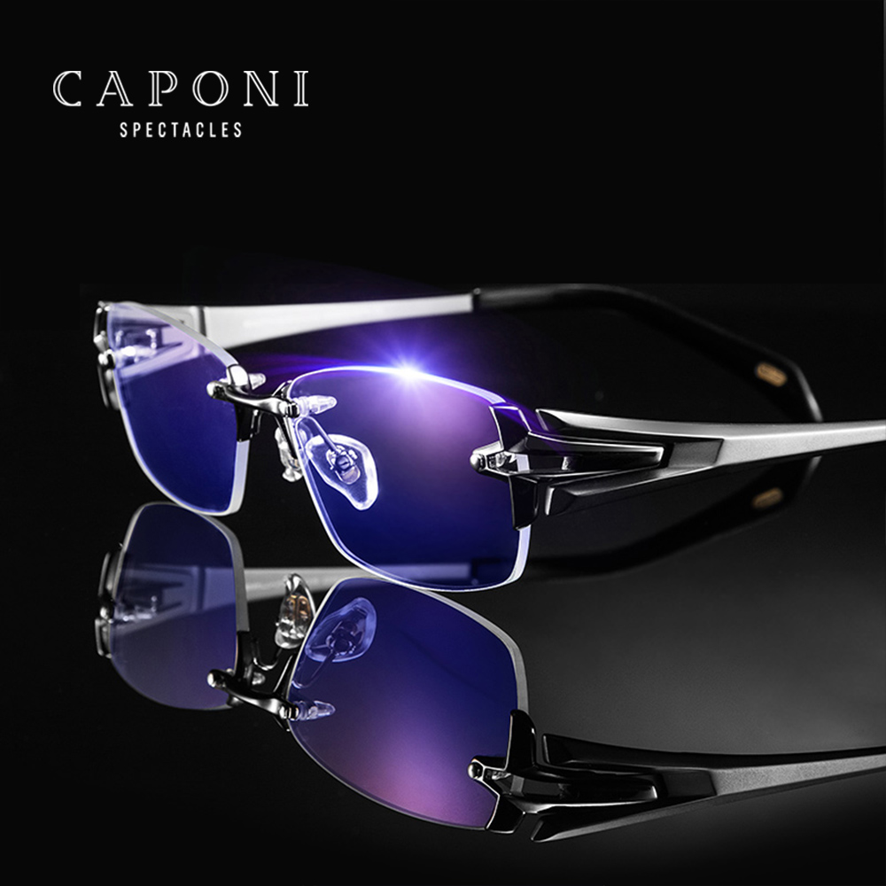 CAPONI กรอบแว่นตา Titanium กรอบแว่นตา Rimless คุณภาพสูงแว่นตาสไตล์คลาสสิกสำหรับชาย Blue Light กรองกรอบ JF1203