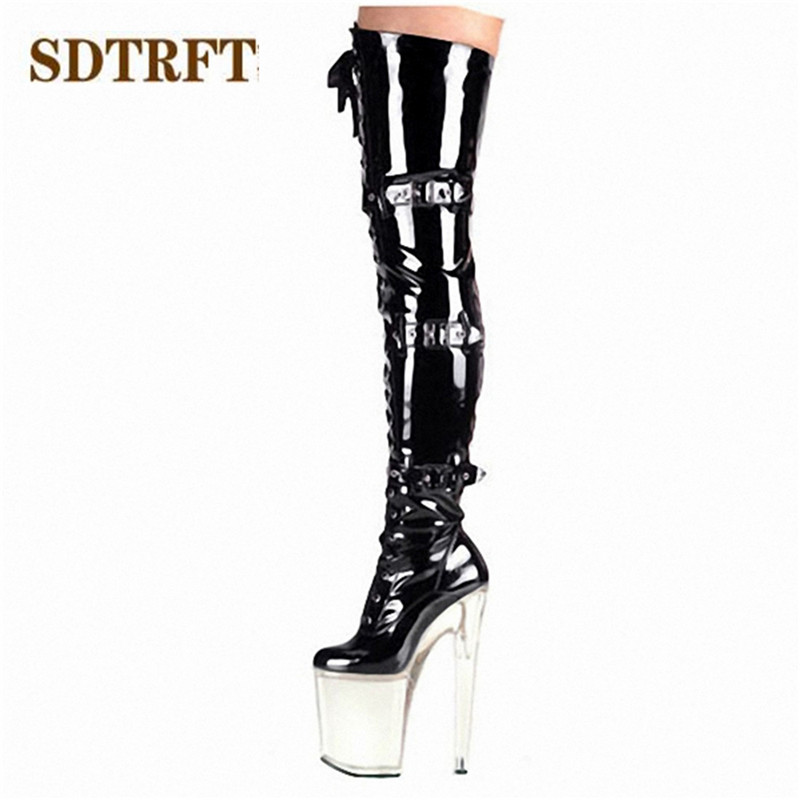 SDTRFT – bottes longues et fines à talons hauts pour femmes, chaussures de moto à bout rond avec boucle, escarpins de mariage, 20cm