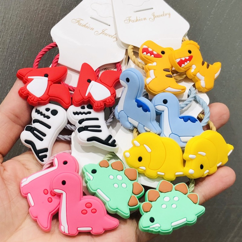 2Pcs ไดโนเสาร์สัตว์น่ารักที่มีสีสันอุปกรณ์เสริมผมเด็กยาง Scrunchies ยืดหยุ่นวงผมสาว Headwear Ties