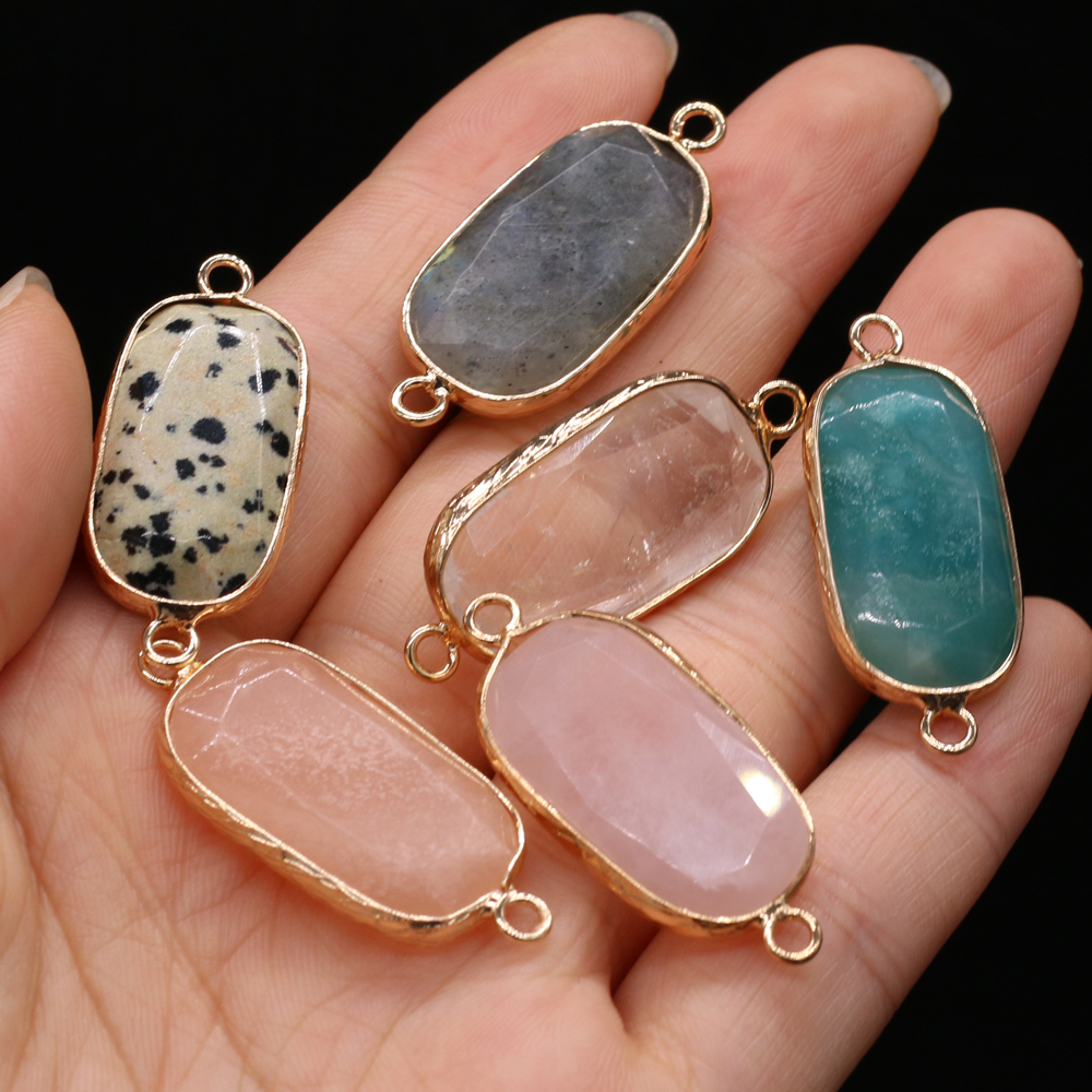 Naturstein-Charms-Verbinder, doppeltes Loch, Rosenquarz, Amazonit-Anhänger für Schmuckherstellung, DIY-Halskette, Ohrring, Größe 15 x 35 mm