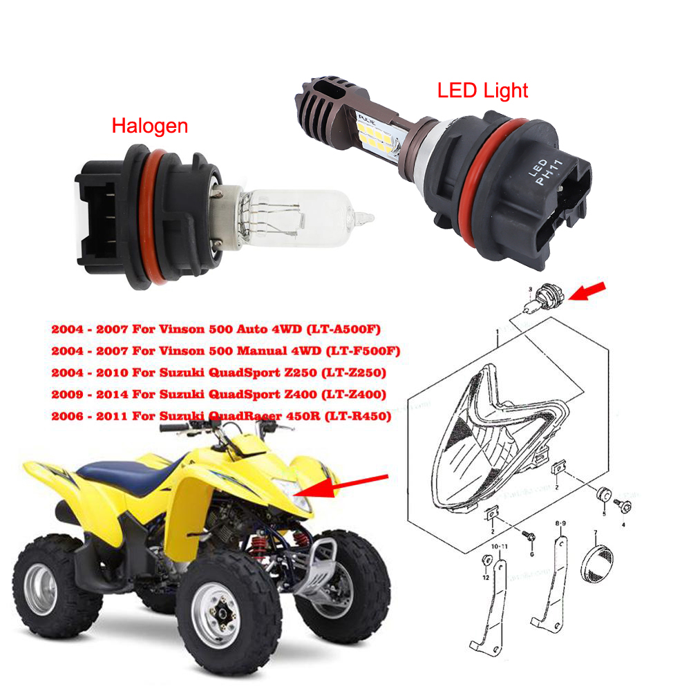Bombilla halógena para faros delanteros Led de haz alto/bajo súper blanco ATV para Suzuki QuadSport Z250 LTZ 250 Z400 LT-Z400 LTR 450 QuadRacer 450R