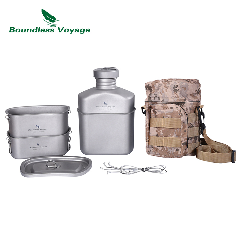 Cantina militar de titânio Boundless Voyage com sacos camuflados Conjunto de panela de acampamento em forma de rim com tampa e corrente suspensa