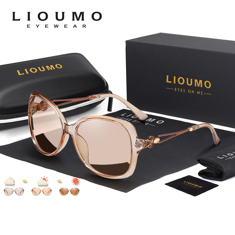 LIOUMO Kacamata Hitam Wanita Mewah Kacamata Fotochromic Terpolarisasi Kacamata Belanja Bingkai Teh Fashion Wanita Kacamata Wanita Zonnebril Dames