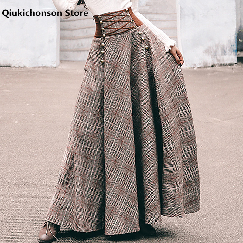Falda larga de lana con cordones en la espalda para mujer, corsé Vintage de cintura alta con diseño de botones, línea a gruesa, elegante francés, Otoño e Invierno