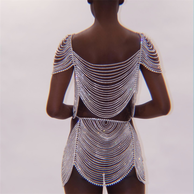 Luxus Voller Strass Multilayer Quaste Körper Kette Set Sexy Bikini Europäischen und Amerikanischen Mode Brust Kette Kurzen Rock