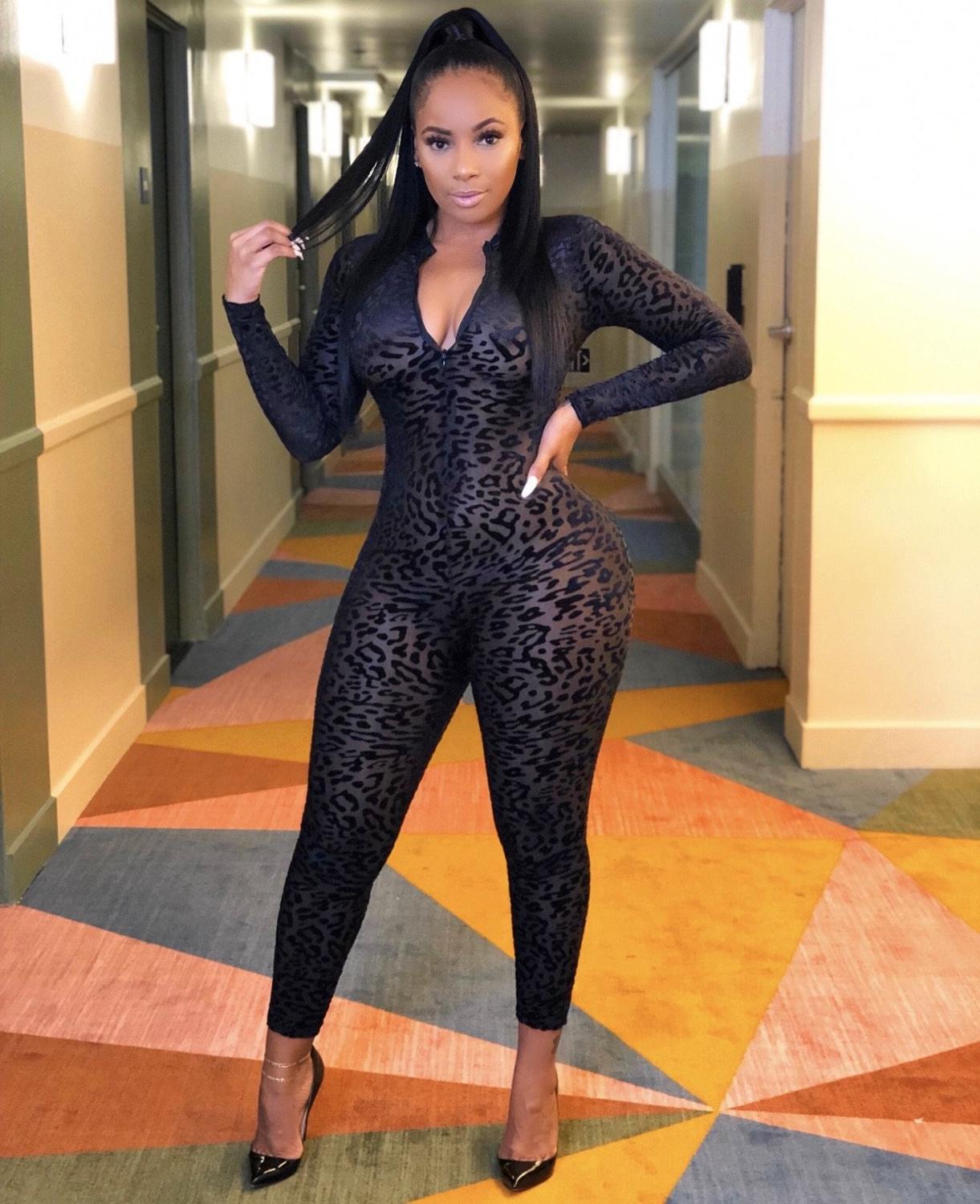 Bkld macacões femininos 2020 outono preto manga longa leopardo impressão bodysuits clube malha zíper decote em v ver através sexy macacão