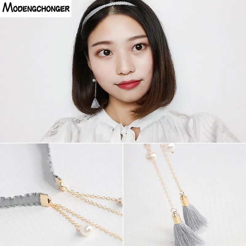 Fashion Hair Hoop Fake Earrings Headband Korea Simple Fringed Fake Earrings Card Pearl Earrings Wild Hair Bezel Hair Accessories