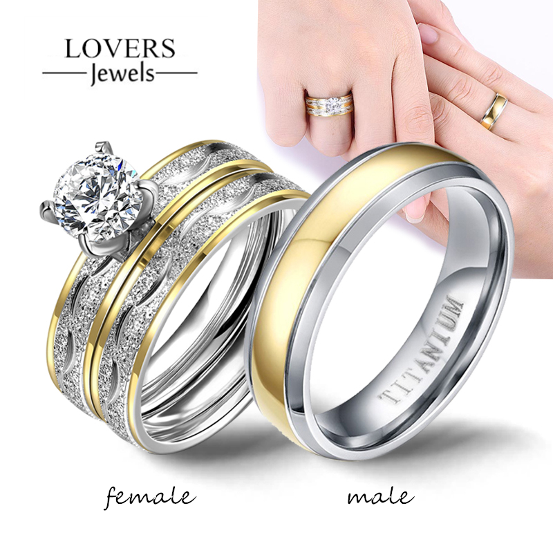 Strass Zircônia Conjunto de Anéis Casal Anel de Aço Inoxidável Jóias Casamento, Presentes para Amante, Simples, Homens e Mulheres, Requintado