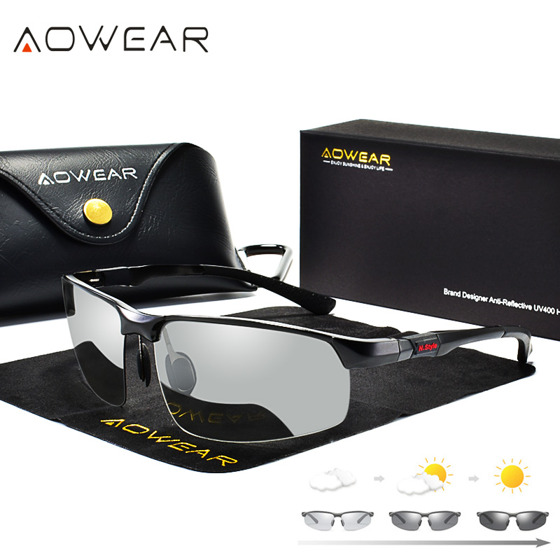 AOWEAR Photochrome polarisierte randlose Sonnenbrille für Herren, Tag und Nacht, Fahren, Chamäleon-Brille, Autofahrer, blendfreie Brille