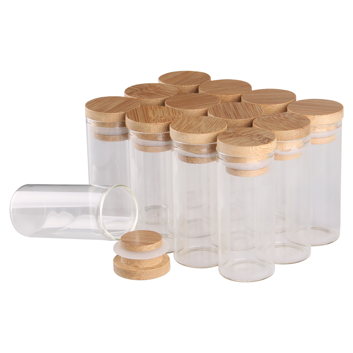 12 Buah/Lot 10Ml 15Ml 20Ml 25Ml 30Ml 40Ml 45Ml 50Ml 60Ml Botol Kosong Kaca dengan Tutup Bambu Botol Bumbu Bejana Kaca Kerajinan DIY