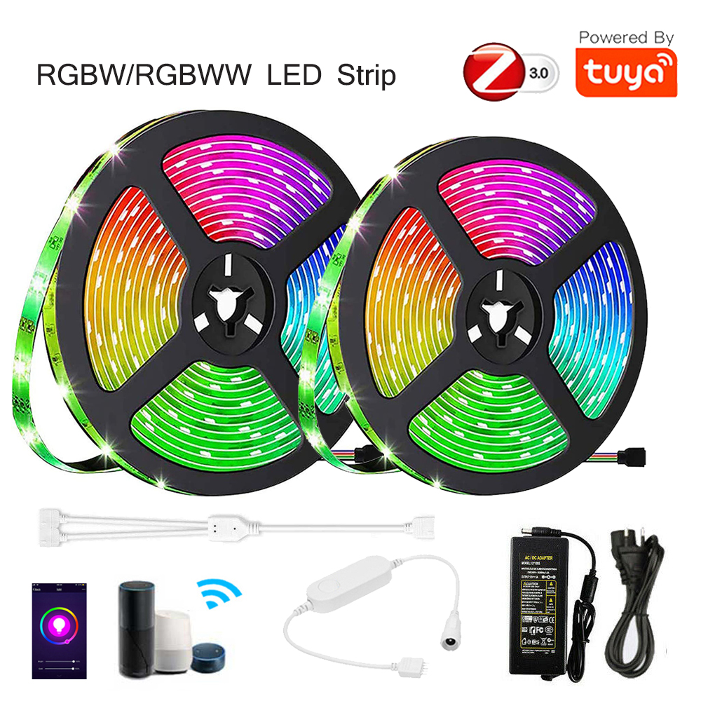 5m 10m TUYA Zigbee RGBW RGBWW Led Strip SMD 5050 Ściemnialne światło+Mini kontroler+DC12V Power Echo Plus Google Home Voice Control