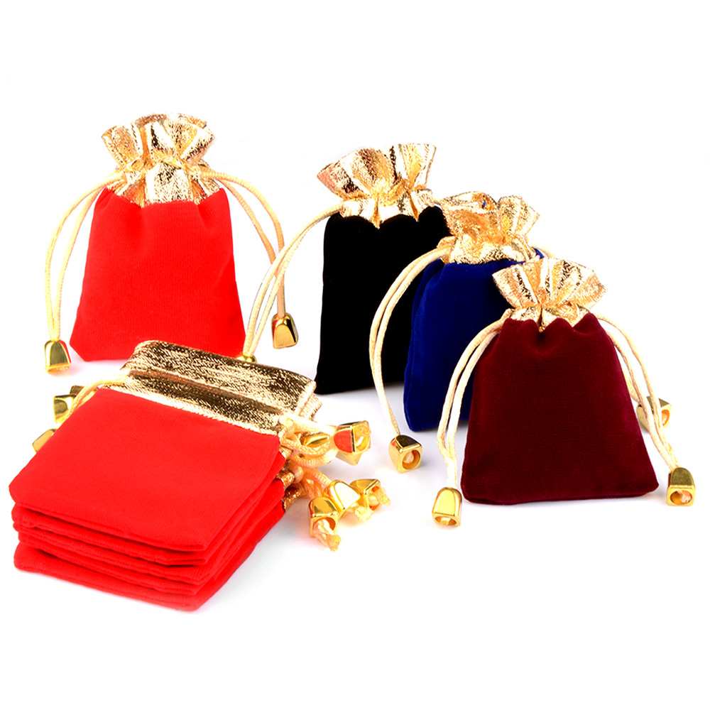 10 pçs/lote 7x9cm 9x12cm 12x16cm saco de veludo vintage cor dourada guarnição cordão vermelho sacos de presente bolsas de embalagem de jóias de casamento