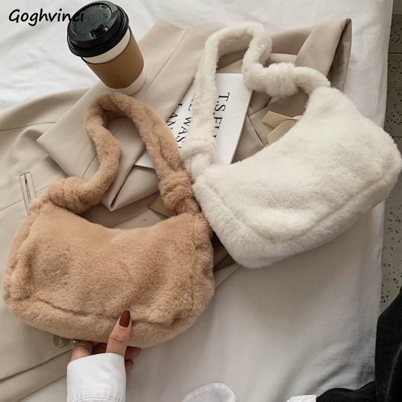 Solid Fluffy Underarm Faux Fur กระเป๋าผู้หญิงขนาดเล็กอเนกประสงค์ฤดูหนาวสาวหวานซิปครึ่ง Moon กระเป๋าถือ Chic แบบพกพา Bolsa