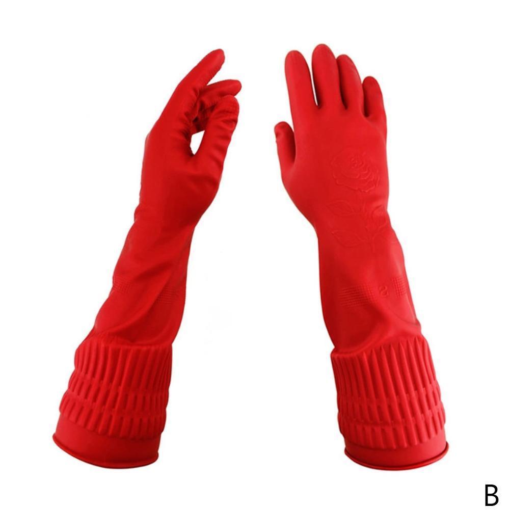 Guantes de cocina para lavar platos, manoplas de látex resistentes al agua, con manga larga de goma, color rojo, D8M5