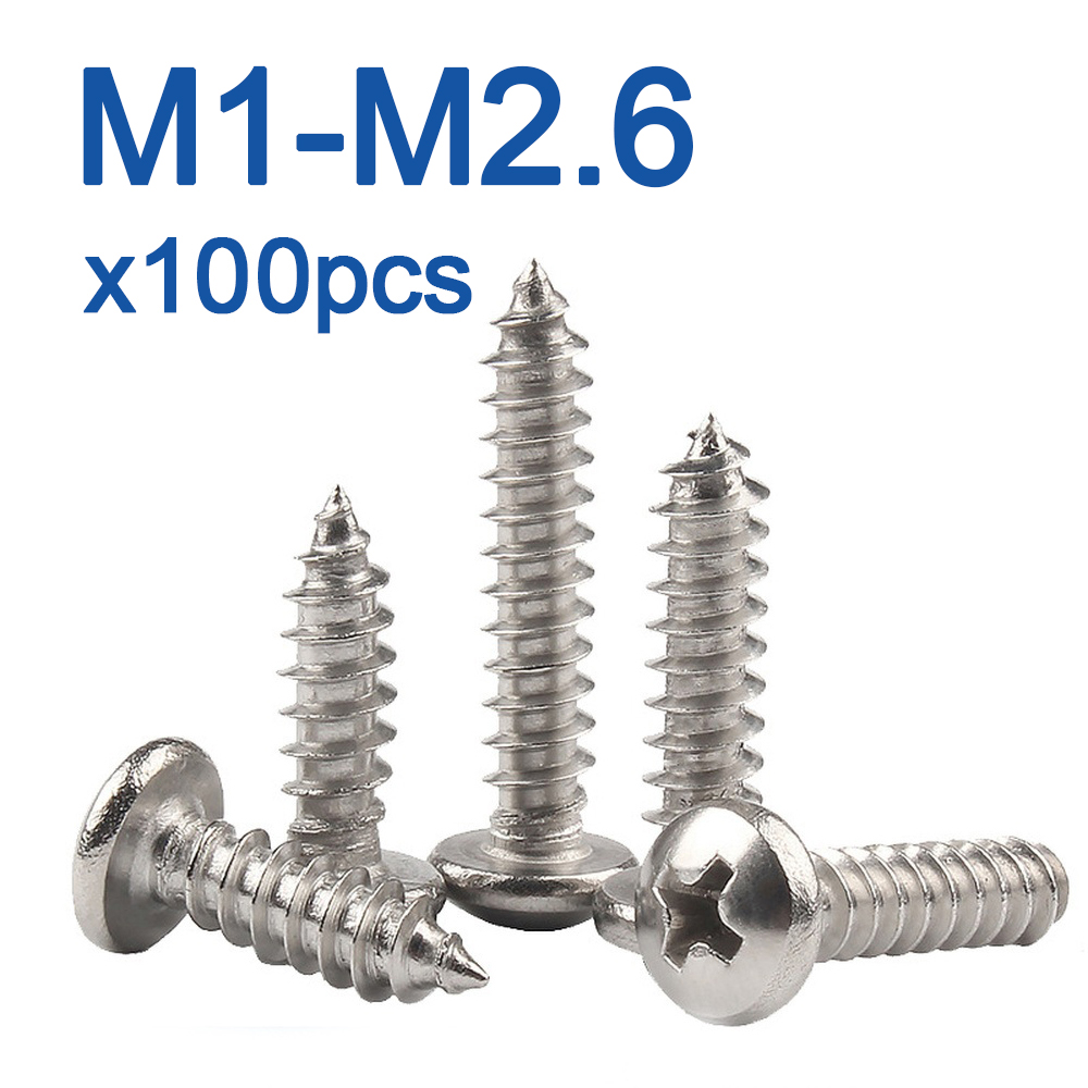 100 unids/lote tornillo autorroscante de acero inoxidable cabeza redonda empotrada en cruz M1 M1.2 M1.4 M1.5 M1.7 M1.8 M2 M2.2 M2.3 M2.5 M2.6