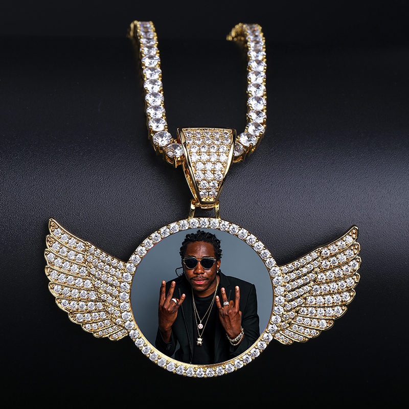 TOPGRILLZ Gold Maßgeschneidertes Foto mit Flügeln Medaillons Halskette & Anhänger 4mm Tenniskette Kubikzircon Herren Hip Hop Schmuck