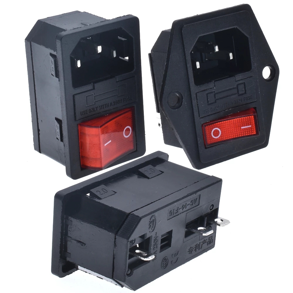 Nowe zintegrowane czerwone światło 10A250VAC Przełącznik kołyskowy Power Rocker Fused IEC 320 C14 Gniazdo wlotowe 3-pinowe złącze Wtyczka z otworami mocującymi