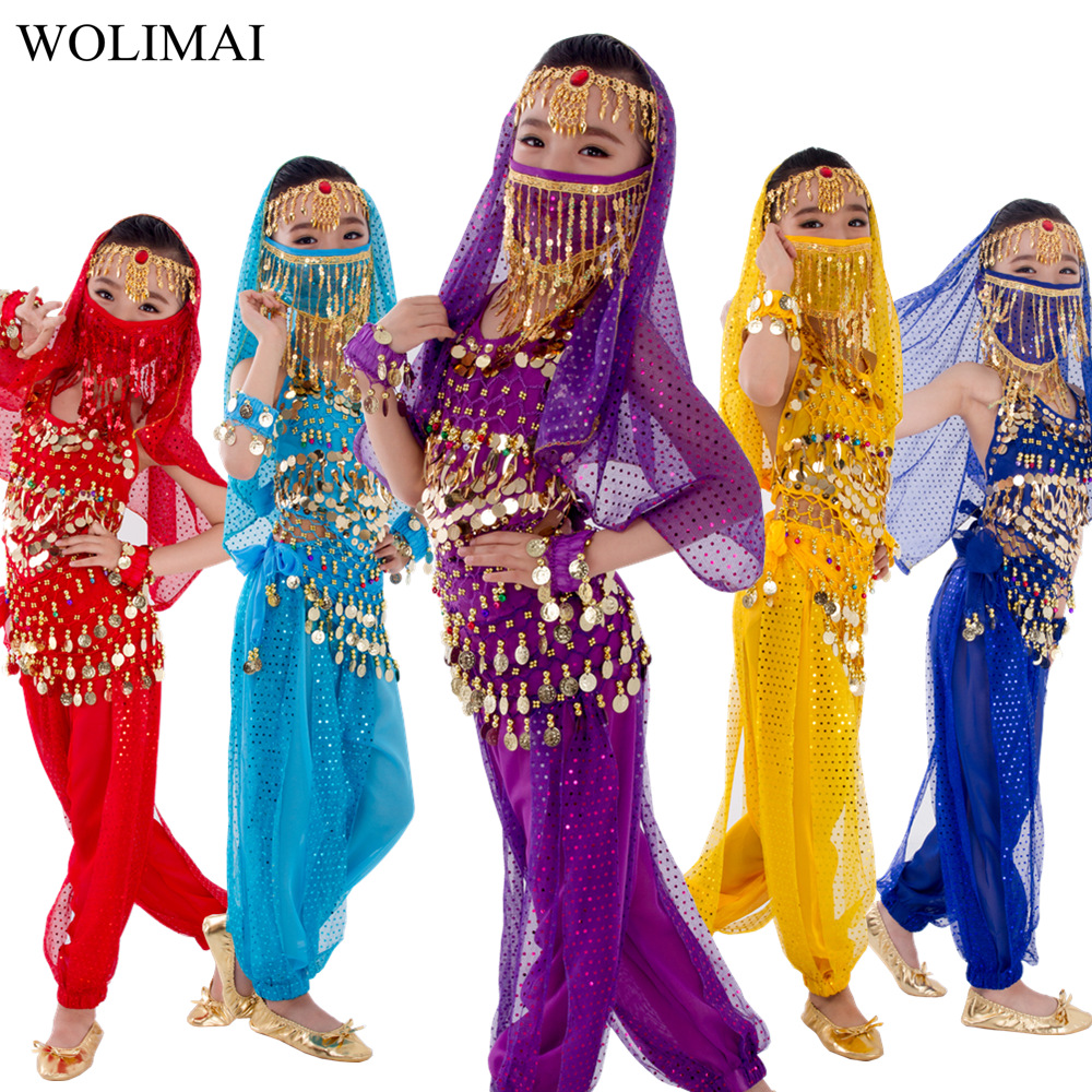 Cinturón de danza del vientre para niños, pantalones, velo, accesorios para alas, máscara para niños, vestido de Bollywood, conjunto de traje de danza del vientre para niñas de 2 a 8 piezas