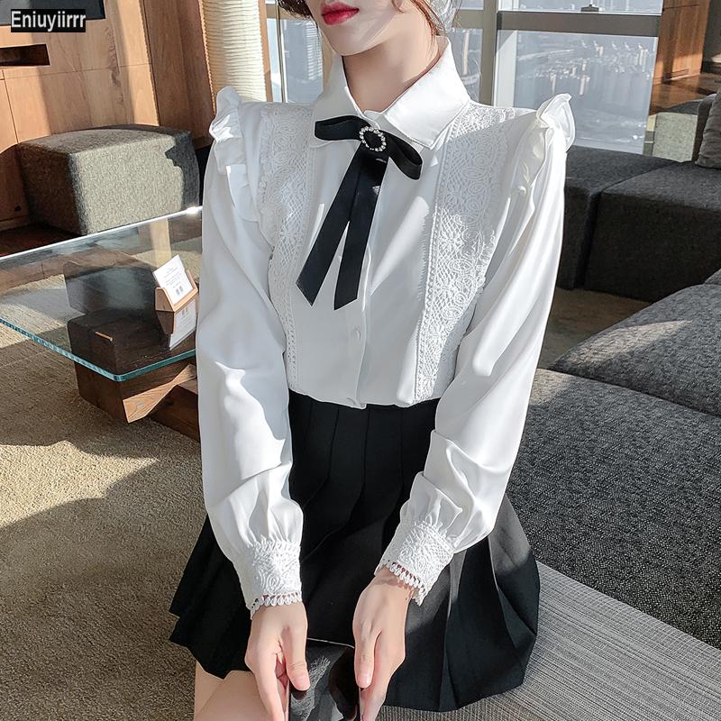 2021春の女性長袖オフィスレディワークドレスビジネス正式な基本的な白シャツシングルブレストボタン蝶ネクタイトップスとブラウス