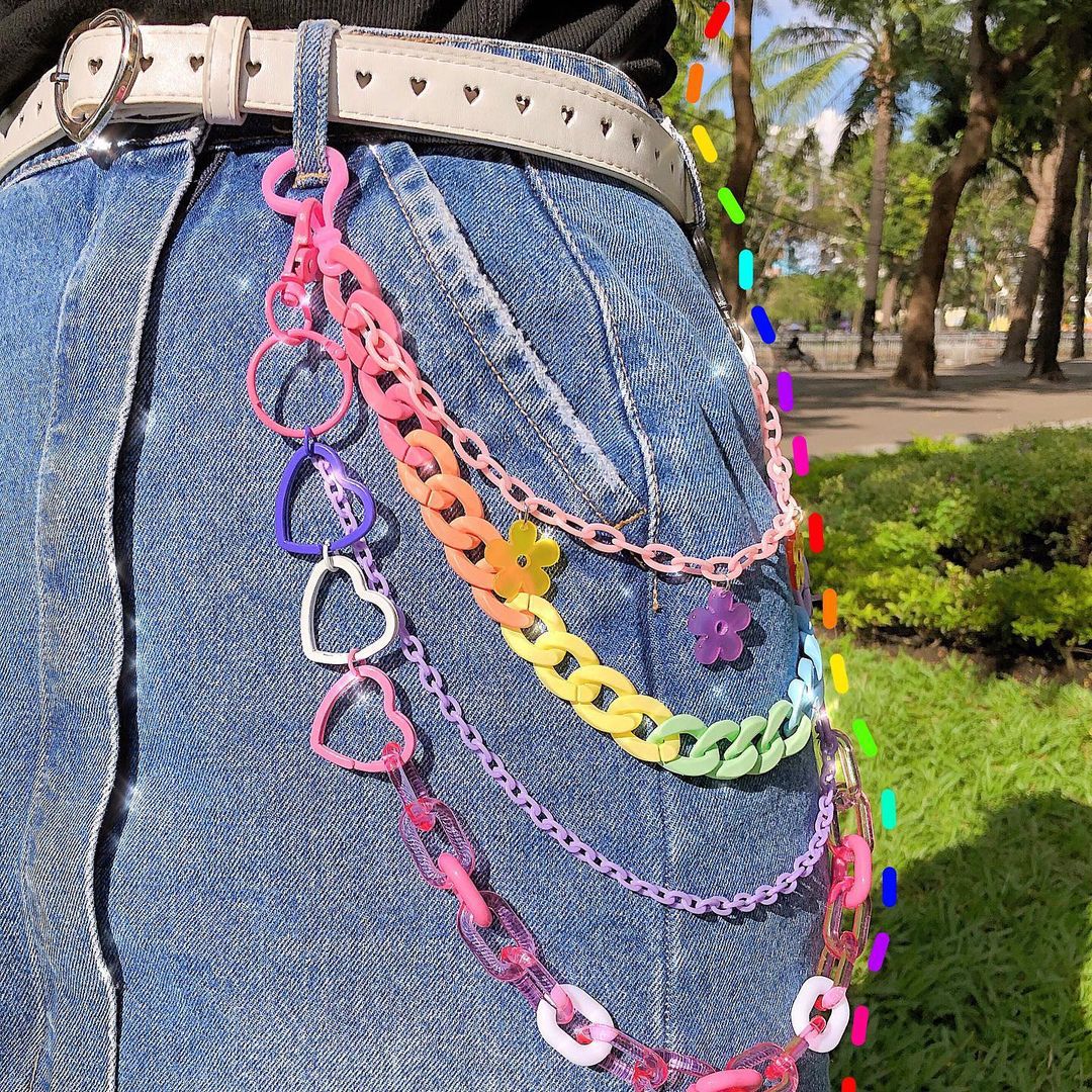 Porte-clés chaîne en résine arc-en-ciel pour hommes et femmes, style Hip Hop, mignon, chaîne de taille, multicolore, fleur acrylique, pantalon, chaîne, bijoux Punk, 2023