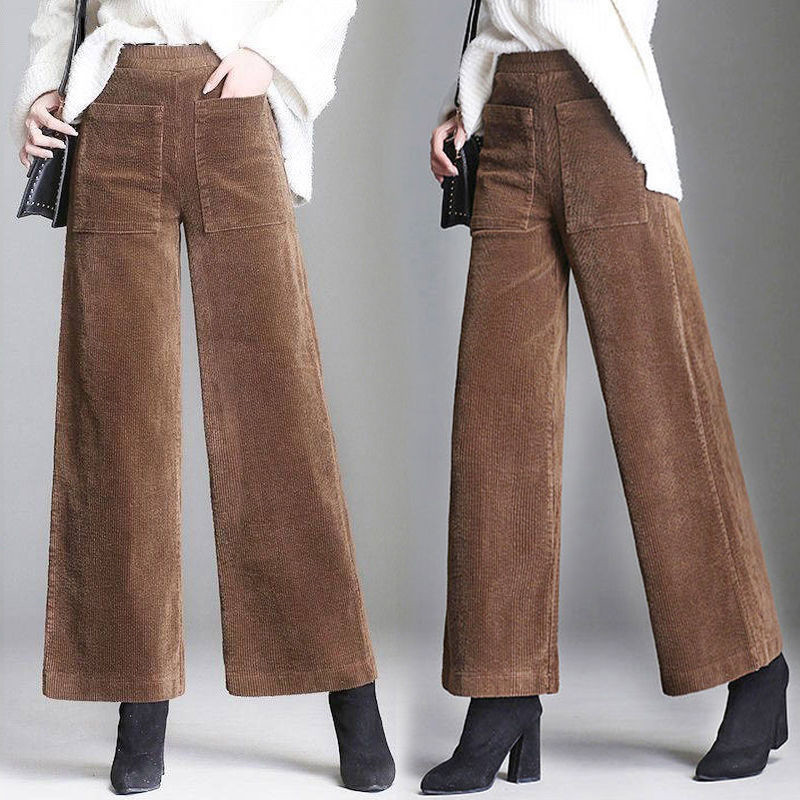 Calça de veludo de perna larga feminina, cintura alta, calça casual solta, comprimento do tornozelo, palazzo coreano, calças plus size, outono 2019