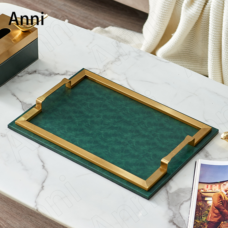 Baki Penyimpanan Perbatasan Berlapis Emas Kreatif Nordik Modern Persegi Panjang Hijau Cangkir Kulit Anggur Set Nampan Dekorasi Rumah Ruang Tamu