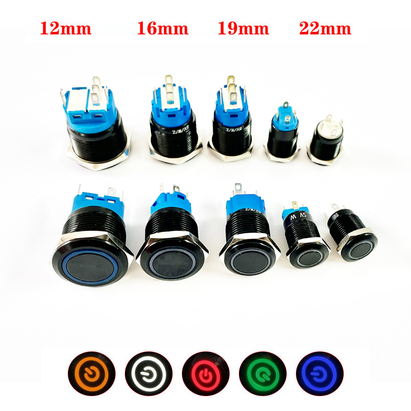 Interruptor de Botón Negro de 12/16/19/22 mm, Impermeable, con Luz LED, Metálico, Plano, Momentáneo, con Marca de Encendido, 5V 12V 24V