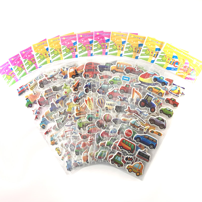 12 Lembar/Set 3D Kartun Teknik Kendaraan Truk Stiker untuk Anak-anak Gelembung Stiker Buku Tempel DIY Mainan