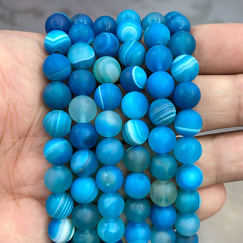 Matte Biru Garis Agates Alami Banded Renda Onyx Manik Diy Gelang Kalung untuk Perhiasan Temuan 15 "Untai 4 6 8 10 12 14MM
