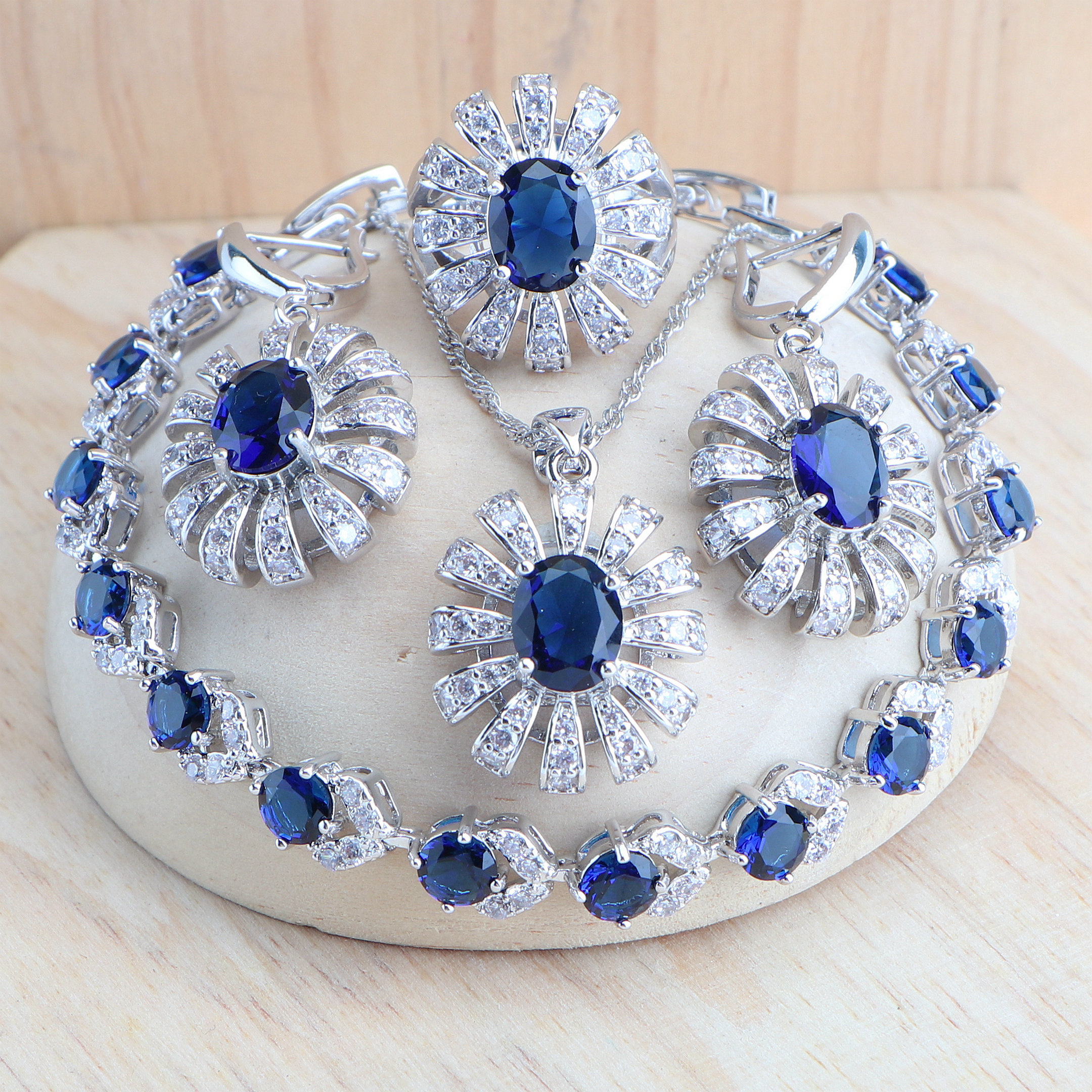 Biru Zirkonia Wanita Perak 925 Set Perhiasan Pernikahan Pengantin Kostum Perhiasan Anting Cincin Batu Gelang Set Liontin Kalung