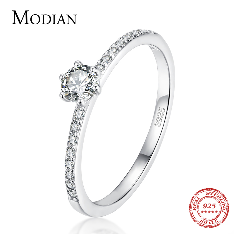 Modian sólida plata 925 Simple redondo claro CZ anillos de dedo para mujeres y niñas Cassic boda declaración joyería fina regalo