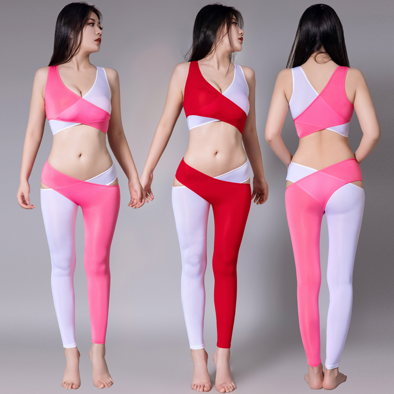 Ensemble deux pièces Sexy à haute élasticité pour femmes, collant de Yoga, en soie glacée brillante, jambes fendues croisées, Perspective grasse