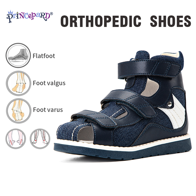 Princepard denim verão respirável fechado toe sandálias crianças sapatos ortopédicos com parte traseira alta para clubfoot tornozelo apoio cuidados