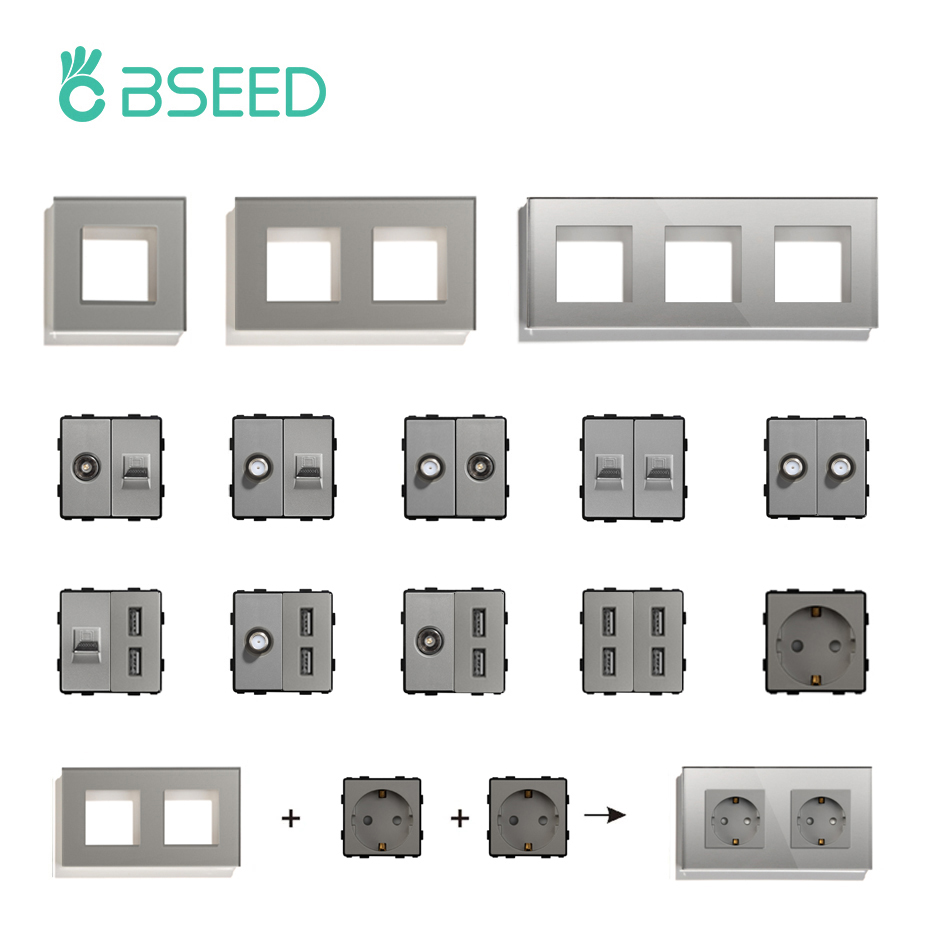 Bseed EU UK Russia Standard USB TV Satellite Computer Socket Panel z ramką ze szkła kryształowego Szare części do majsterkowania