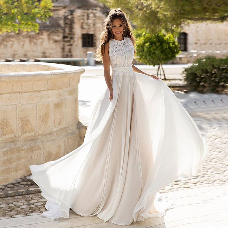 Últimos vestidos de novia bohemios de encaje joya sin mangas vestidos de novia de playa gasa vestidos de novia de talla grande 2024 personalizados en venta