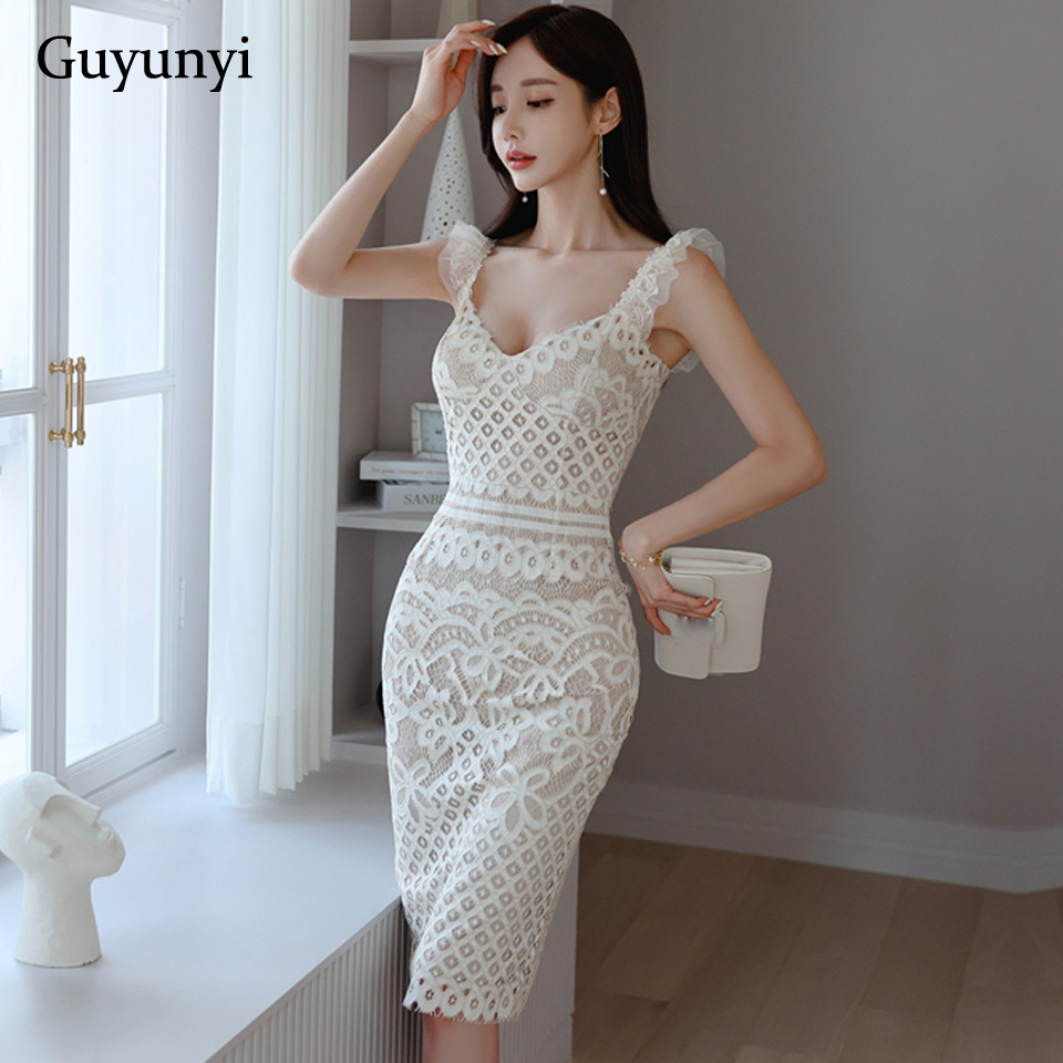 Vestido blanco elegante de fiesta para mujer, tirantes sin mangas ajustados de cintura alta, decorado con volantes, vestido Sexy de encaje para Club de verano