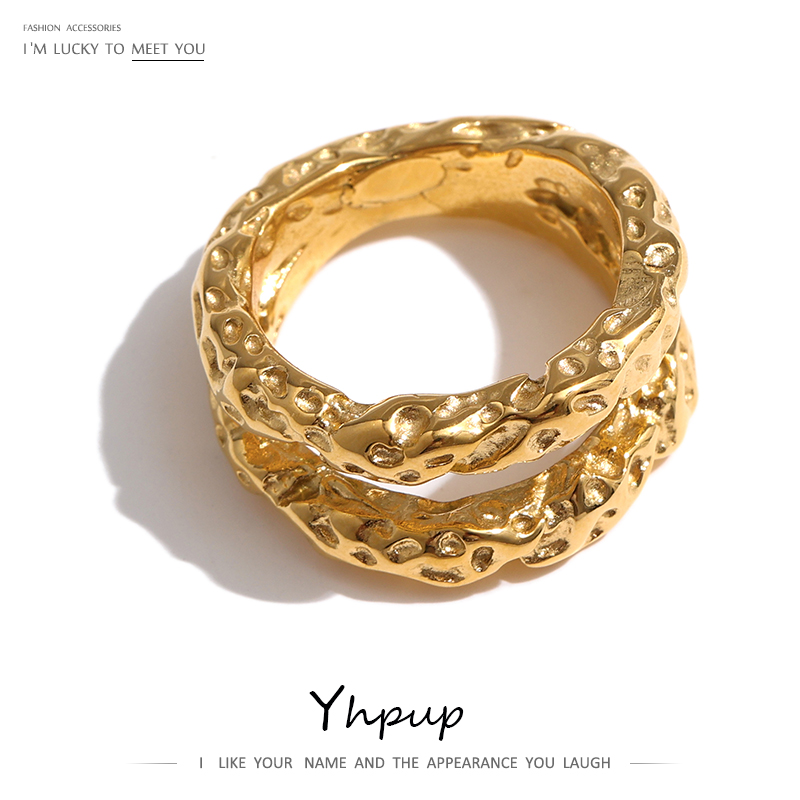 Yhpup – bagues rondes en acier inoxydable pour femmes, Texture dorée, métal plaqué 18 K, bijoux tendance, cadeau Pour Femme